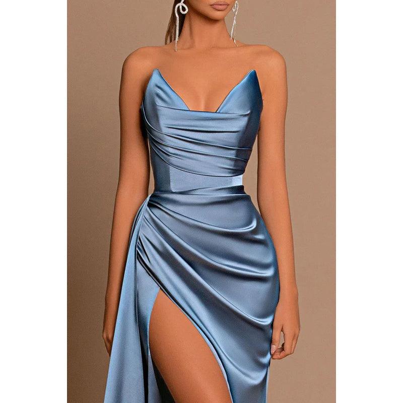 Vestido de fiesta sin mangas, plisado y sin tirantes de satén
