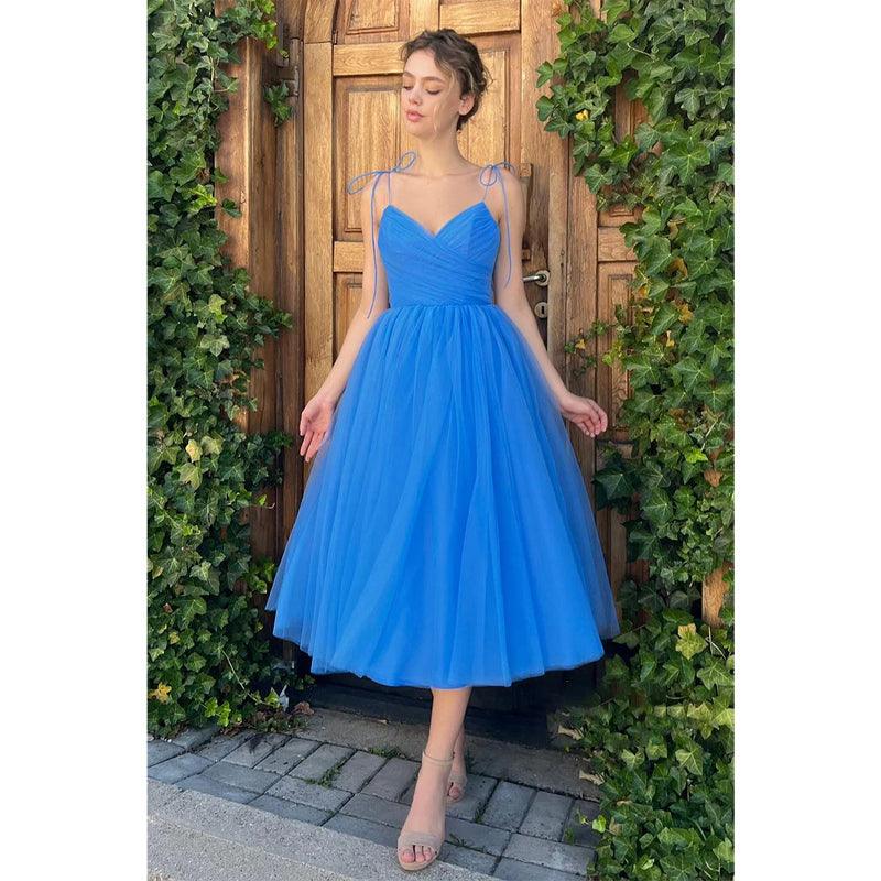 Vestido de fiesta vintage con tirantes finos, tul plisado, largo hasta la rodilla, dulce 