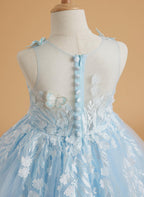Vestido de princesa rosa para niña con apliques de encaje 