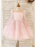 Vestido de princesa de tul con lentejuelas rosas para niñas, mangas largas y lazo extragrande. 