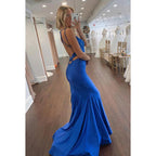 Vestido formal de noche de graduación sin mangas con lentejuelas y escote en V de corte trompeta/sirena