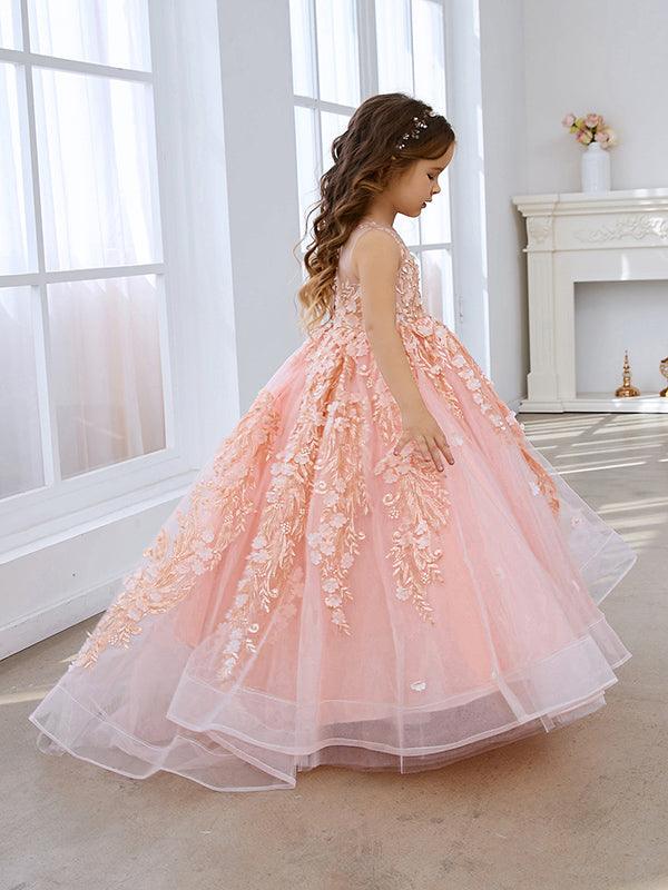 Vestido de princesa rosa para niña con apliques de encaje 
