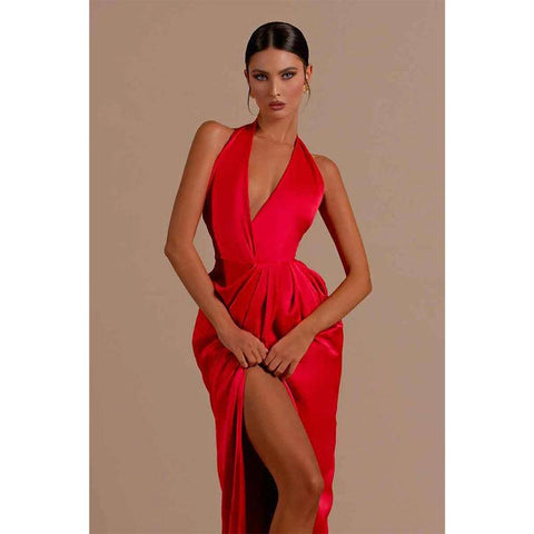 Sexy V Neck Pleats High Split Red Long Formal Party Dress