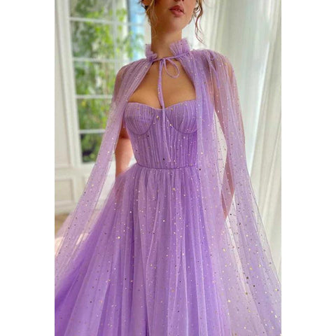 Sweetheart Spaghetti Straps A-Line Tulle Long Prom Dress With Shawl