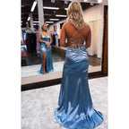 V-Neck Spaghetti Straps Lace-Up Long Prom Dress With Slit