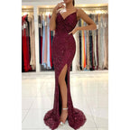 Vestido de fiesta de sirena con abertura alta y lentejuelas burdeos con tirantes finos para mujer con purpurina 