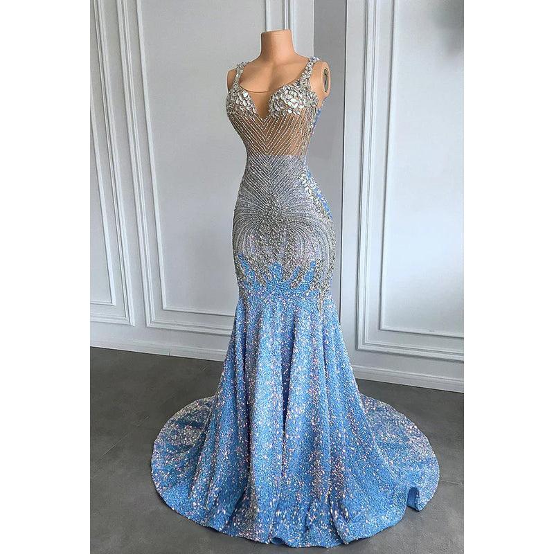 Glamouröses und dramatisches Abendkleid mit Rüschen, Strasssteinen, V-Ausschnitt, ärmellosen Pailletten
