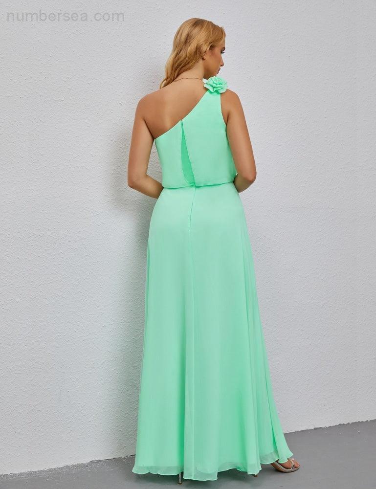 Ruffled One Shoulder Sleeveless Long Bridesmaid Dresses A-line Formal Evening Gown Side Split 28080-numbersea