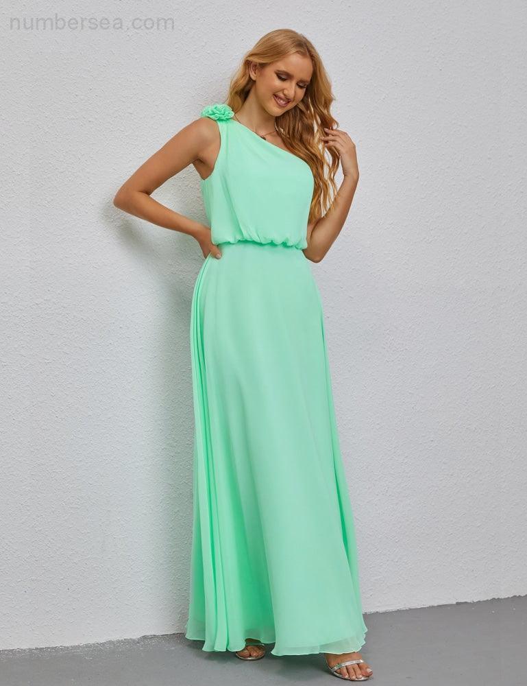 Ruffled One Shoulder Sleeveless Long Bridesmaid Dresses A-line Formal Evening Gown Side Split 28080-numbersea