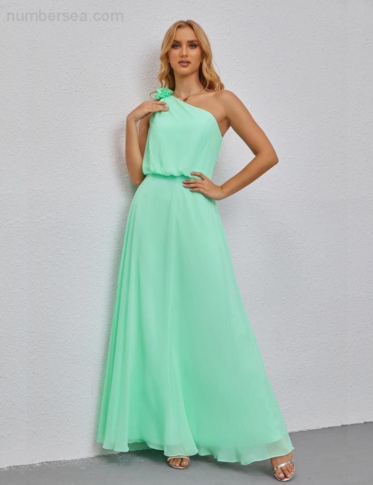 Ruffled One Shoulder Sleeveless Long Bridesmaid Dresses A-line Formal Evening Gown Side Split 28080-numbersea