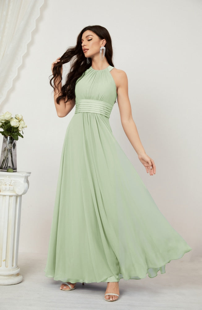 Numbersea Formal Party Gown Dress Chiffon Halter Long Sleeveless Bridesmaid Dresses 2802 Sage Green