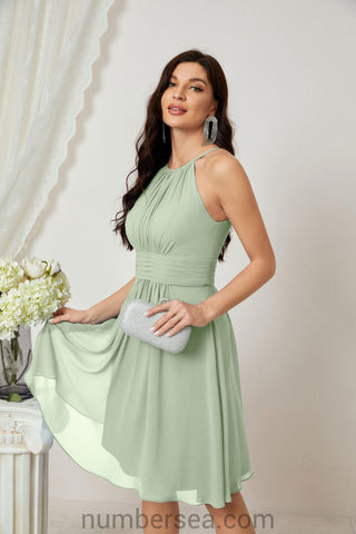 Halter Bridesmaid Dresses Knee Length A Line Formal Evening Party Cocktail Dress 28011 Sage Green