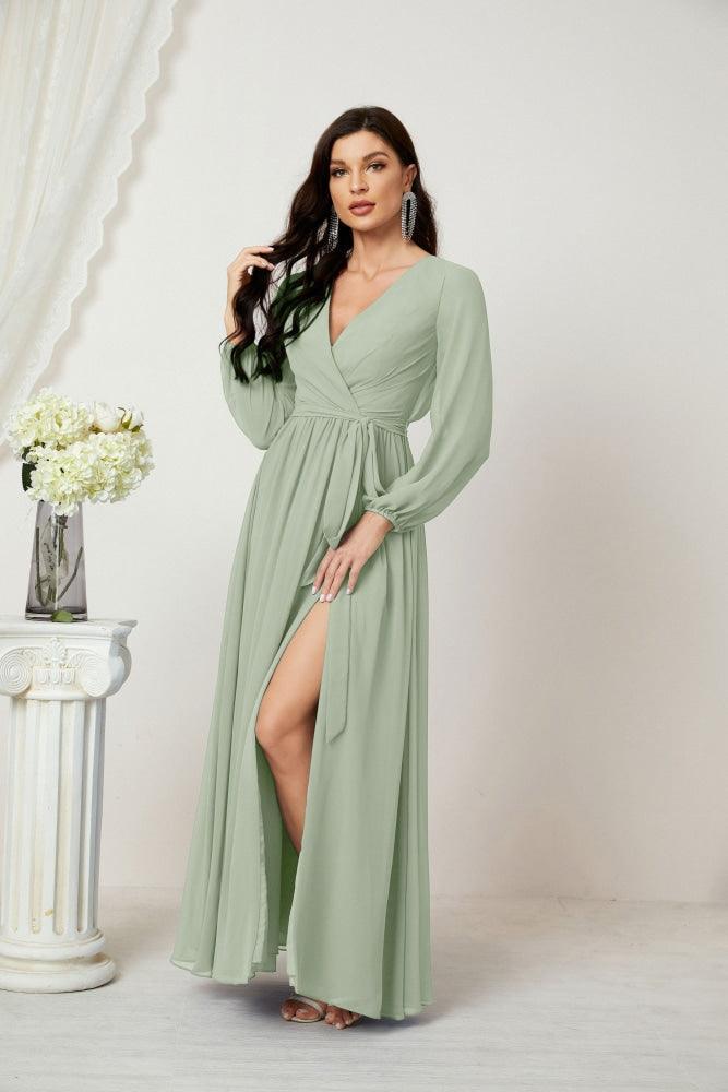Numbersea Evening Dresses Deep V-Neck Chiffon Bridesmaid Dresses Long Bishop Sleeve Side Split Formal Dress 2806-numbersea
