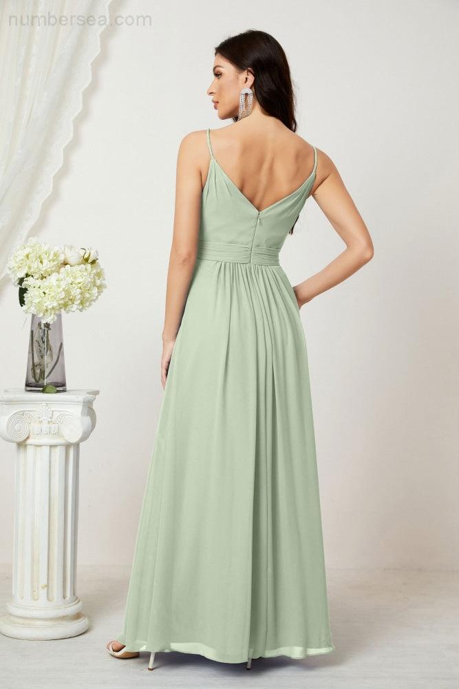 Numbersea Chiffon V-Neck Bridesmaid Dress Spaghetti Strap Long Formal Party Prom Gowns with Slit 28010-numbersea