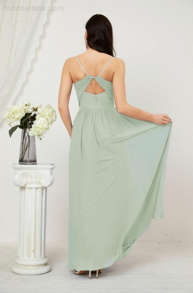 Numbersea Neck Bridesmaid Dresses Chiffon Long Spaghetti A-line Formal Prom Gown for Wedding Party Evening 2801-numbersea