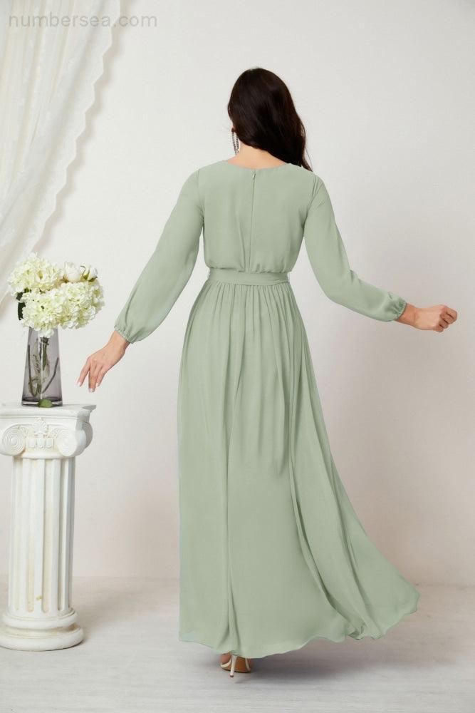 Numbersea Evening Dresses Deep V-Neck Chiffon Bridesmaid Dresses Long Bishop Sleeve Side Split Formal Dress 2806-numbersea