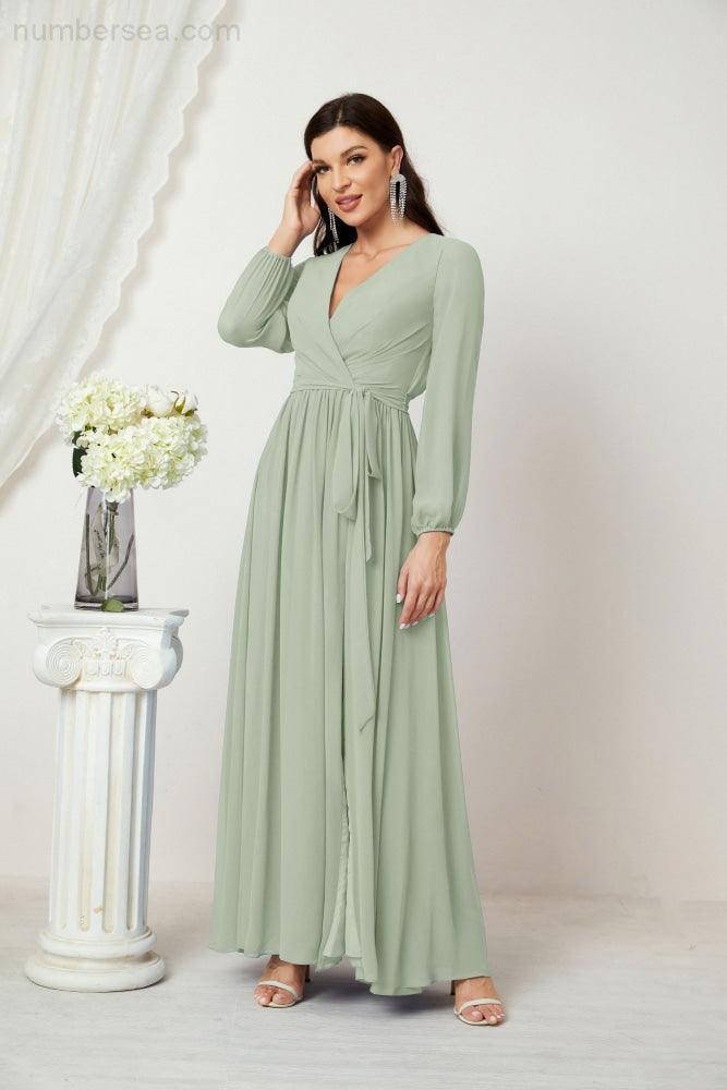 Numbersea Evening Dresses Deep V-Neck Chiffon Bridesmaid Dresses Long Bishop Sleeve Side Split Formal Dress 2806-numbersea