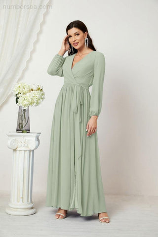 Numbersea Evening Dresses Deep V-Neck Chiffon Bridesmaid Dresses Long Bishop Sleeve Side Split Formal Dress 2806-numbersea