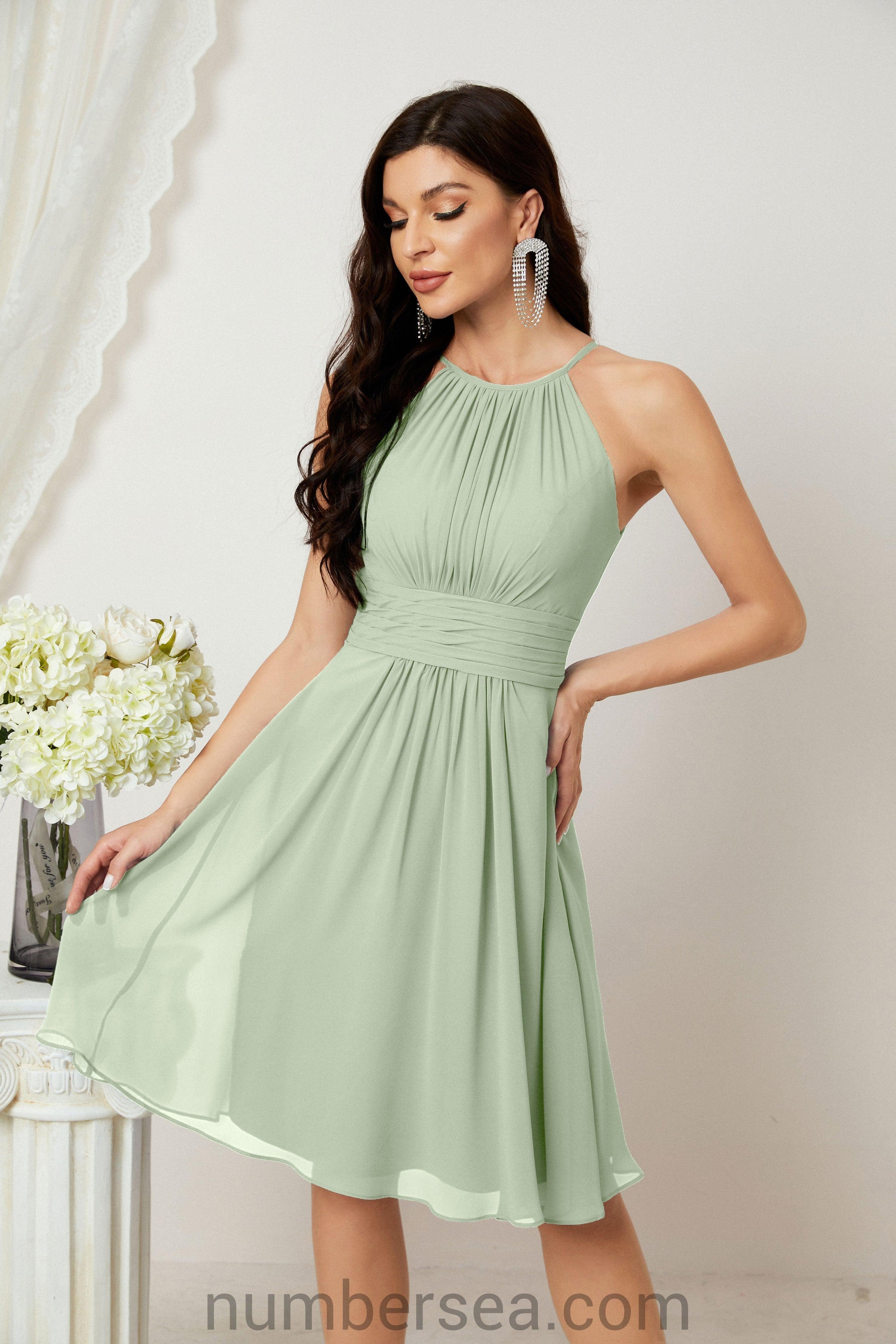 Halter Bridesmaid Dresses Knee Length A Line Formal Evening Party Cocktail Dress 28011