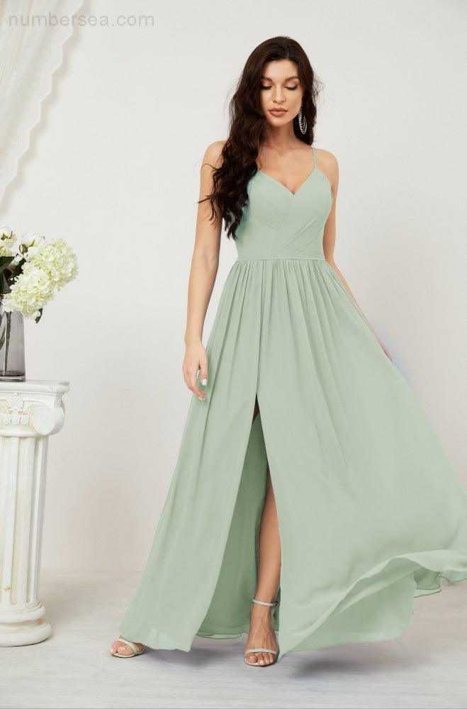 Numbersea Neck Bridesmaid Dresses Chiffon Long Spaghetti A-line Formal Prom Gown for Wedding Party Evening 2801-numbersea