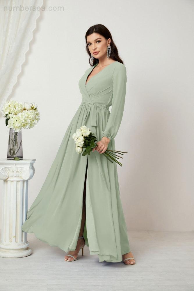 Numbersea Evening Dresses Deep V-Neck Chiffon Bridesmaid Dresses Long Bishop Sleeve Side Split Formal Dress 2806-numbersea