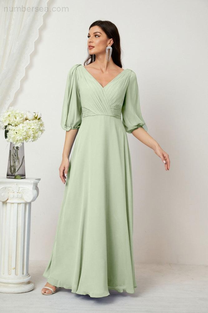 Numbersea Formal Prom Gown Women V-Neck Chiffon Bridesmaid Dresses Long Bishop Sleeve Party Dress 2807-numbersea