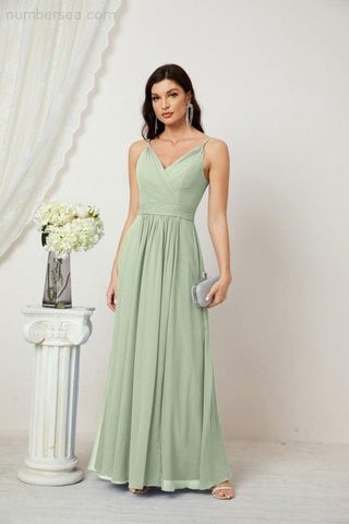 Numbersea Chiffon V-Neck Bridesmaid Dress Spaghetti Strap Long Formal Party Prom Gowns with Slit 28010-numbersea
