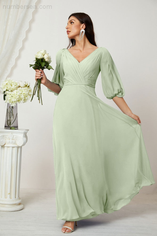Numbersea Formal Prom Gown Women V-Neck Chiffon Bridesmaid Dresses Long Bishop Sleeve Party Dress 2807-numbersea