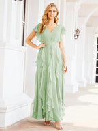 Ruffled Bridesmaid Dresses with Sleeves Long Formal Party Dress 28041-numbersea