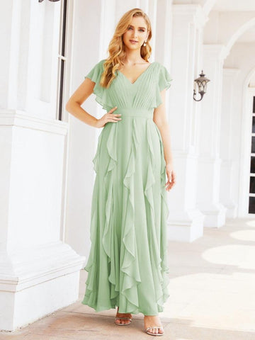 Ruffled Bridesmaid Dresses with Sleeves Long Formal Party Dress 28041-numbersea