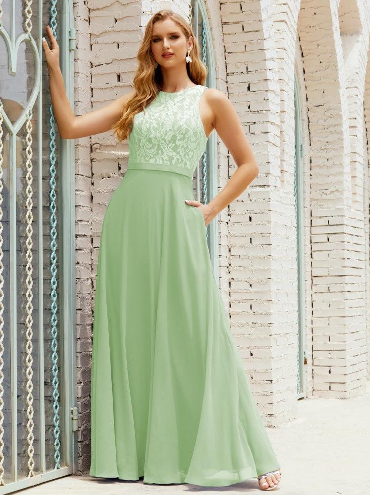 Lace Bridesmaid Dress Floor Length Evening Gowns with Pockets 28017-numbersea