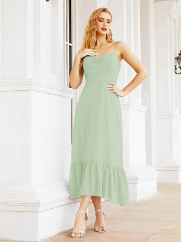 Numbersea Women Strap Chiffon Bridesmaid Dress Ankle Length Sleeveless Blackless Ruffle A Line