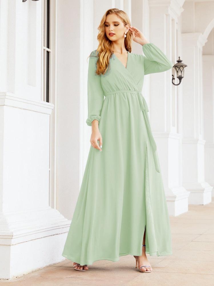 Numbersea Women's Chiffon Bridesmaid Dress A line Long Sleeves Formal Evening Prom Gown for Wedding Guest 28032-numbersea