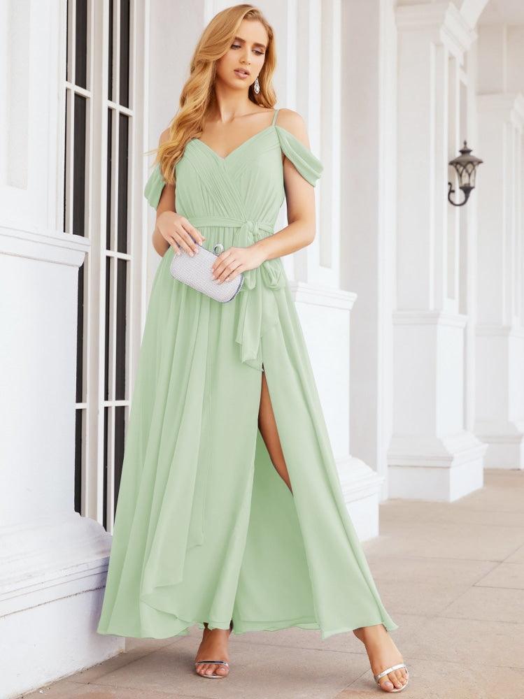 Numbersea Off The Shoulder Chiffon Bridesmaid Dress Long Formal Graduation Gown with Cowl Back 28069-numbersea