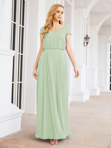 Numbersea V-Neck Bridesmaid Dresses Long Cap Sleeves Prom Evening Formal Gowns 28071-numbersea