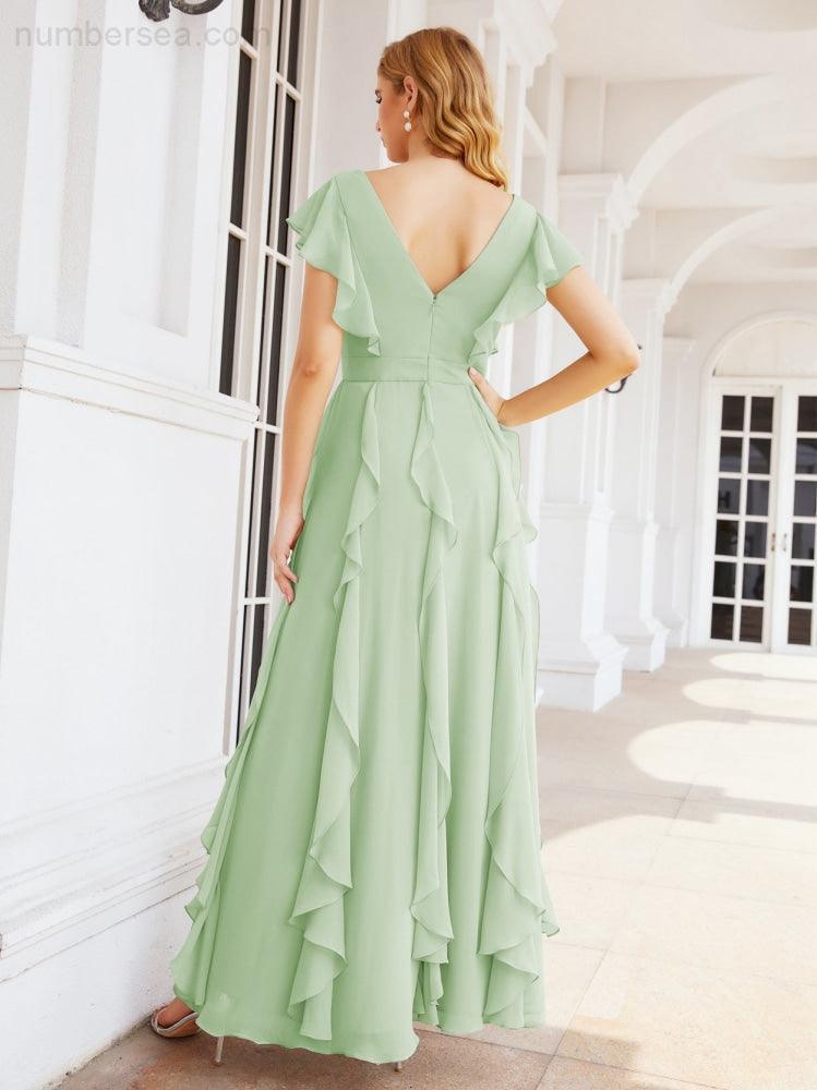 Ruffled Bridesmaid Dresses with Sleeves Long Formal Party Dress 28041-numbersea
