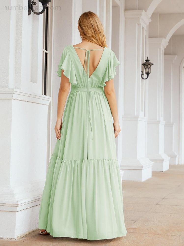 Numbersea Women's Open Back Formal Evening Party Prom Gowns V-Neck Long Chiffon Bridesmaid Dresses with Waist Belt 28038-numbersea