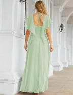Numbersea Chiffon Bridesmaid Dresses Long Formal Evening Prom Mother of The Bride Dress with Flutter Sleeve     SEA28040