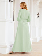 Numbersea Women's Chiffon Bridesmaid Dress A line Long Sleeves Formal Evening Prom Gown for Wedding Guest 28032-numbersea