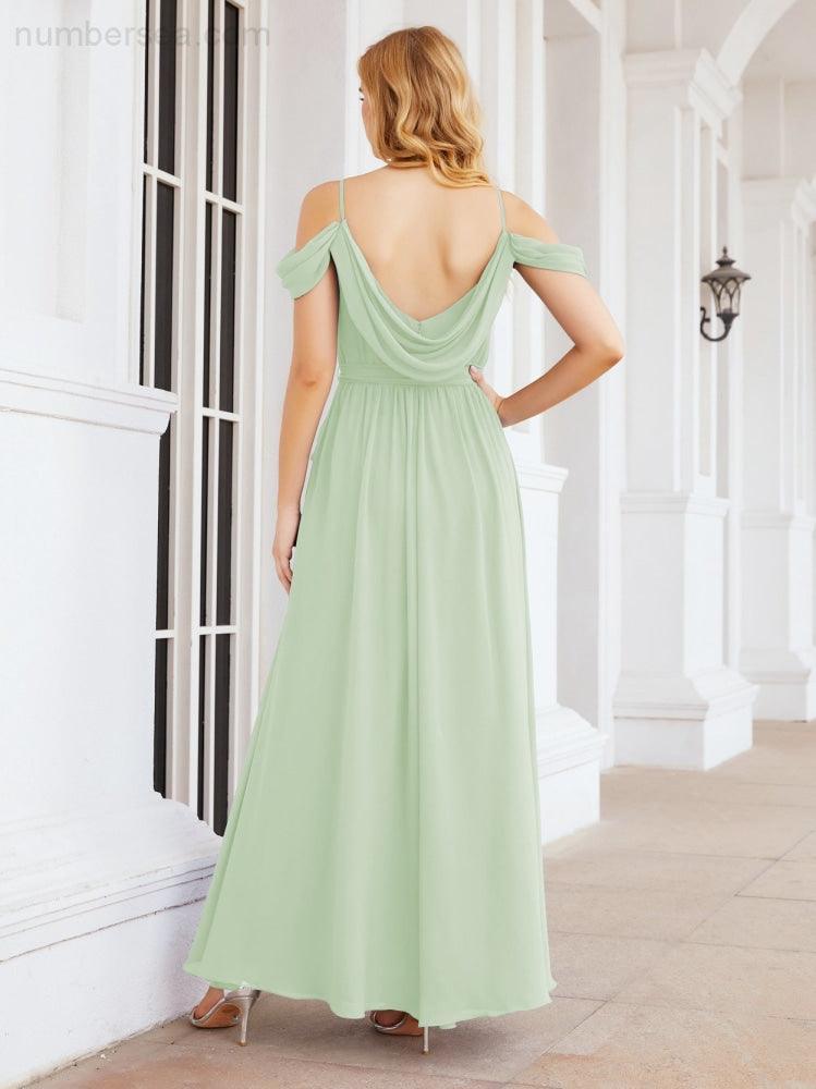 Numbersea Off The Shoulder Chiffon Bridesmaid Dress Long Formal Graduation Gown with Cowl Back 28069-numbersea