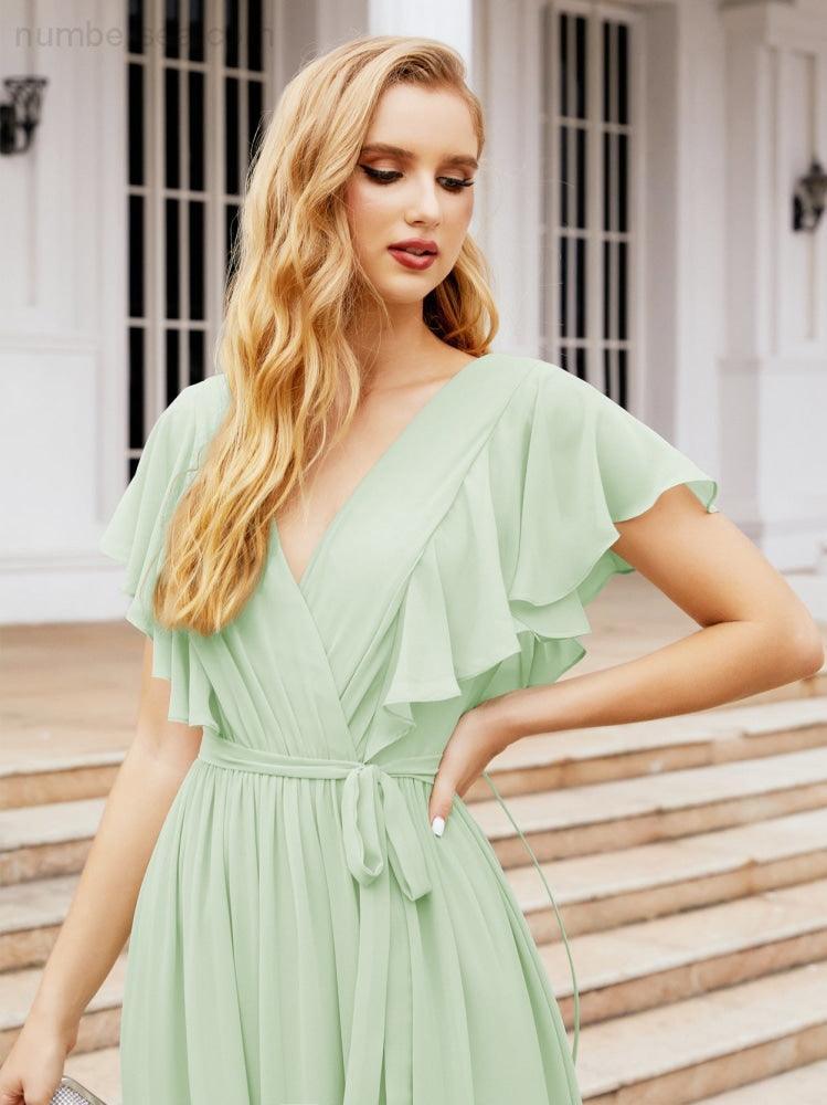 Numbersea Women's Open Back Formal Evening Party Prom Gowns V-Neck Long Chiffon Bridesmaid Dresses with Waist Belt 28038-numbersea