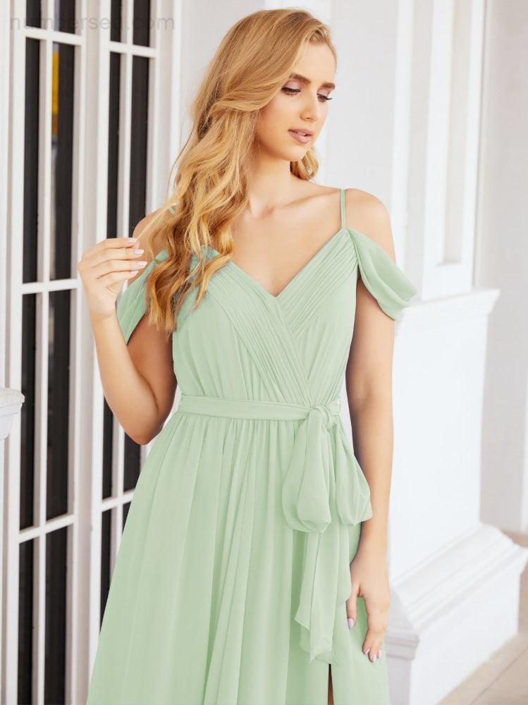 Numbersea Off The Shoulder Chiffon Bridesmaid Dress Long Formal Graduation Gown with Cowl Back 28069-numbersea