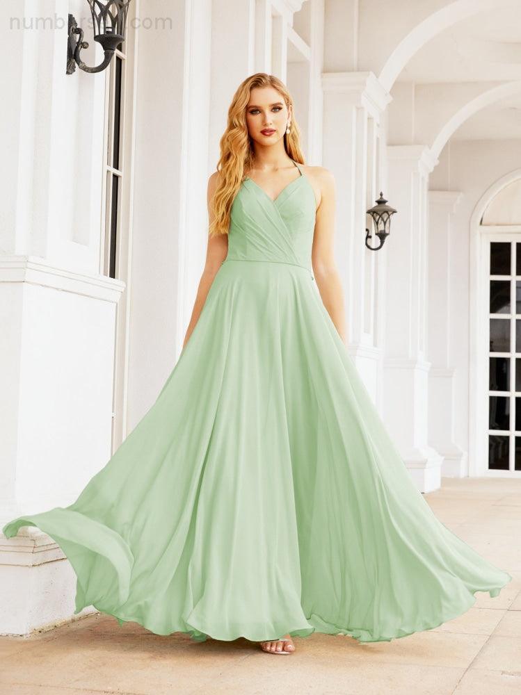 Numbersea Halter Chiffon Bridesmaid Dresses Wedding Appare Sleeveless Formal Prom Dress with Ruffled Back 28035-numbersea