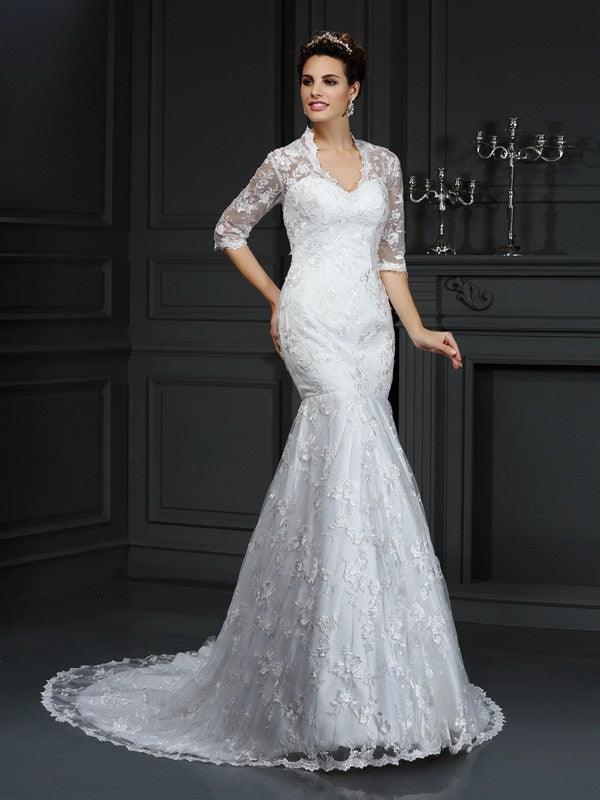 Vestidos de novia largos de encaje con escote en V, corte trompeta/sirena y mangas 1/2