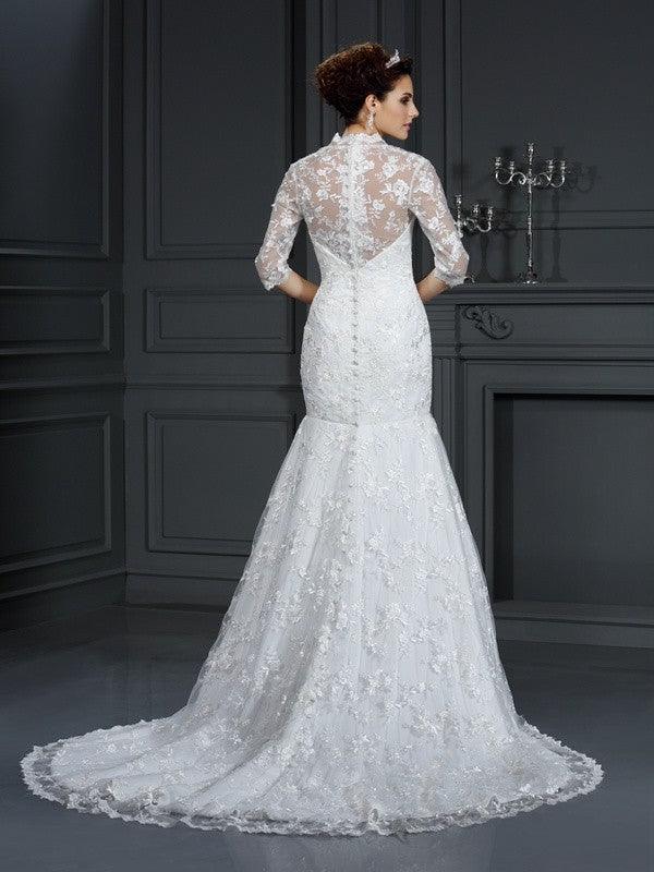 Vestidos de novia largos de encaje con escote en V, corte trompeta/sirena y mangas 1/2