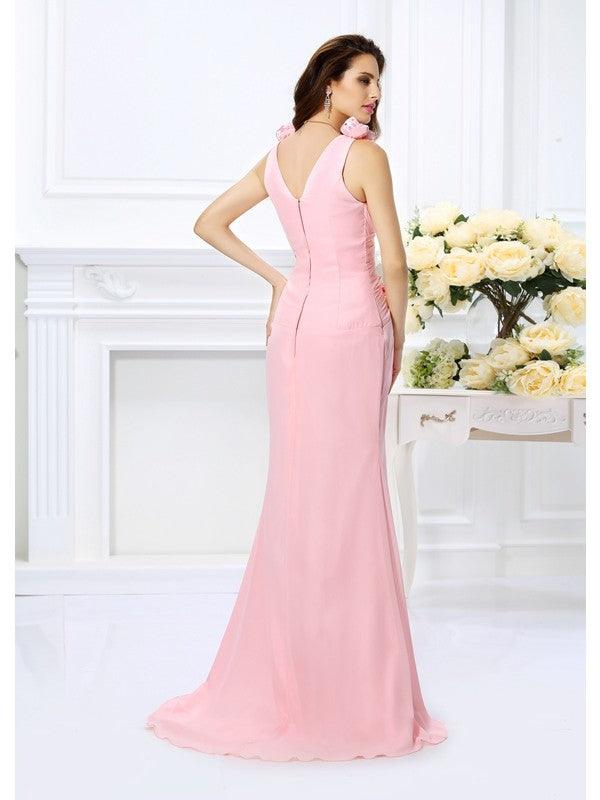 Vestidos de dama de honor largos de gasa sin mangas con escote en V y flores hechas a mano de corte trompeta/sirena