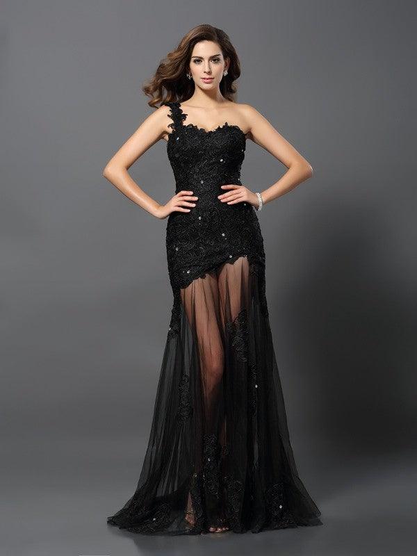 Vestidos largos de encaje sin mangas con apliques y un solo hombro con corte tubo/columna