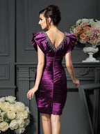 Sheath/Column V-neck Beading Sleeveless Short Elastic Woven Satin Mother of the Bride Dresses