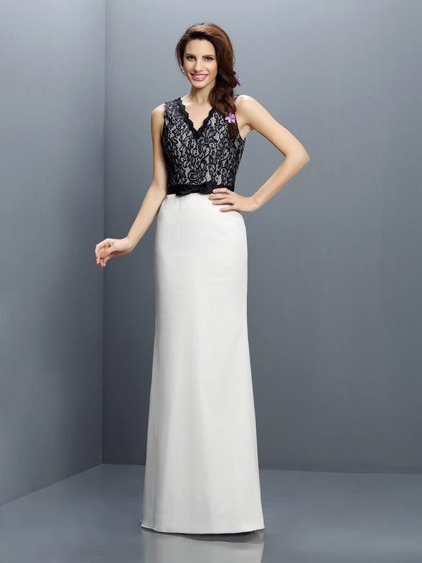 Vestidos de dama de honor largos de gasa sin mangas con escote en V y encaje