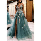 Vestido de noche para fiesta de graduación, corte en A, escote en forma de corazón, tirantes finos, apliques y abertura lateral 